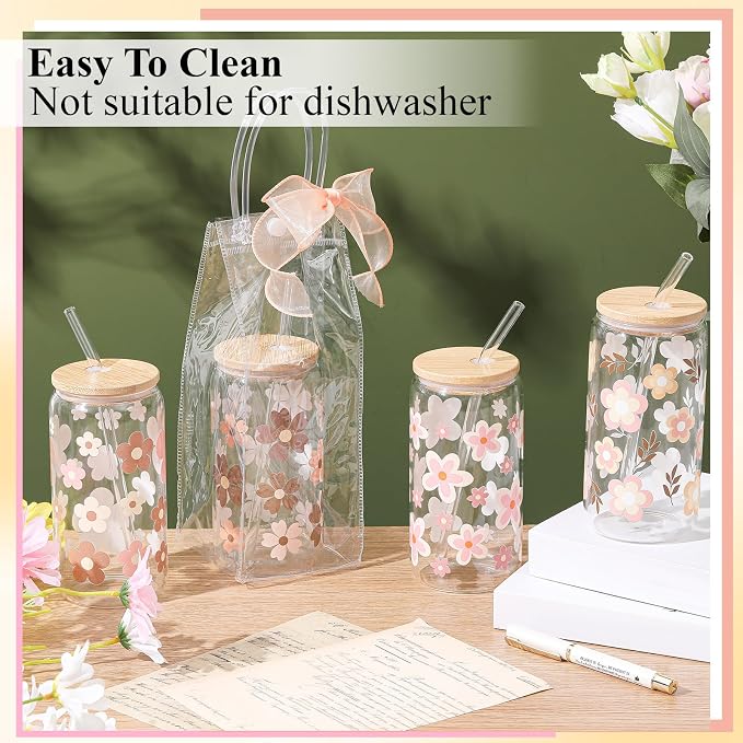 Mumufy 8 Sets Cute Boho Glass Cups with Clear Gift Bag 16 oz Reusable Pink Iced Coffee Mugs Aesthetic Cute Tumbler with Lids and Straws, Gifts for Girls Women Bridesmaid