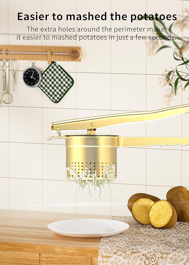 GloTika Large 15oz Potato Ricer Masher, Heavy Duty Stainless Steel Potato Masher with Ergonomic Handle, Masher and Ricer Kitchen Tool for Mashed Potatoes, Noodle Maker, Gold