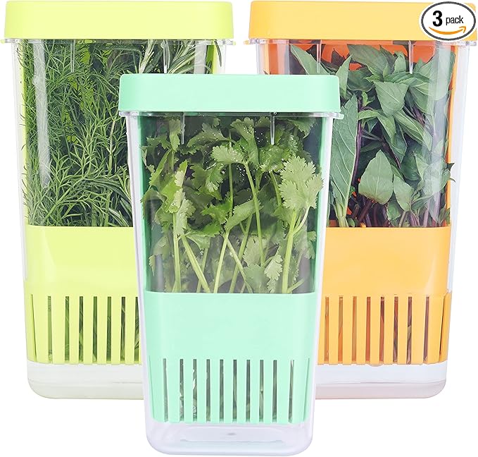 LUVCOSY 3 Pack Herb Keeper, BPA-Free Plastic Herb Saver with an Inner Basket for Cilantro, Mint, Parsley, and Asparagus, Keeps Fresh Herbs for 3 Times Longer