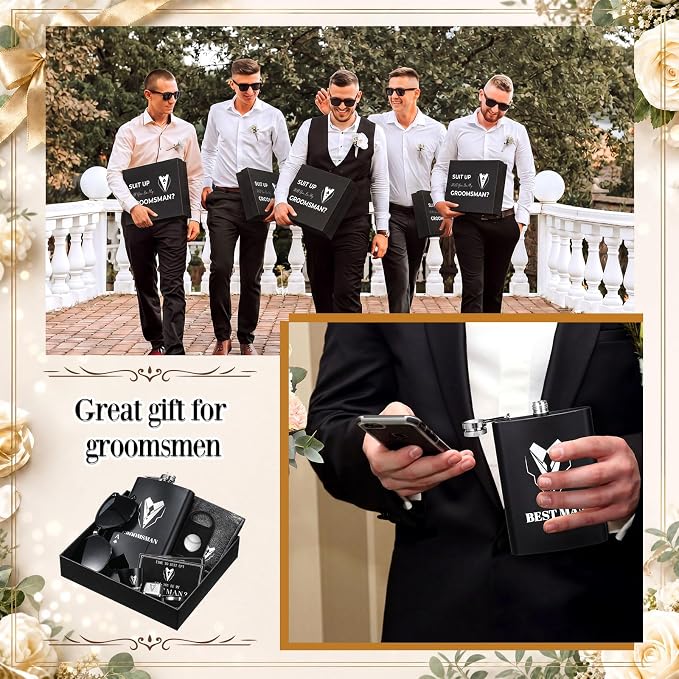 Mimorou 88 Pcs Groomsmen Proposal Gifts - Shot Glasses, Stainless Steel Ice, Flask, Funnel, Gift Boxes, Sunglasses, Knives, Bottle Opener, Cards, Wallets for Wedding Groomsmen Present Set (Retro)