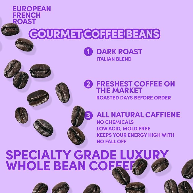 French Roast Whole Bean Coffee | Dark Roast European Coffee Beans | Extra Bold Strong | Low Acid, Specialty Grade | 12 oz