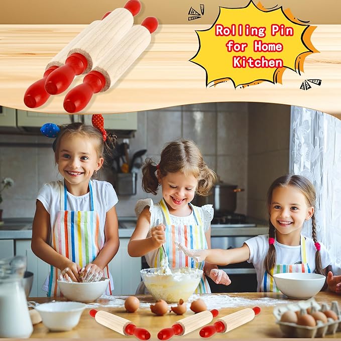 16 Pcs 8 Inch Mini Wooden Rolling Pins Small Wood Rolling Pin Wooden Roller with Red Handle for Kitchen Baking Pastry Cake Cookie Chef Role-playing Game
