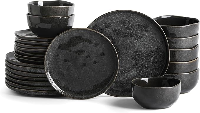 Stone Lain Mirella 24-Piece Stoneware Round Kitchen Dinnerware Set with Plates and Bowls, Service for 8, Charcoal