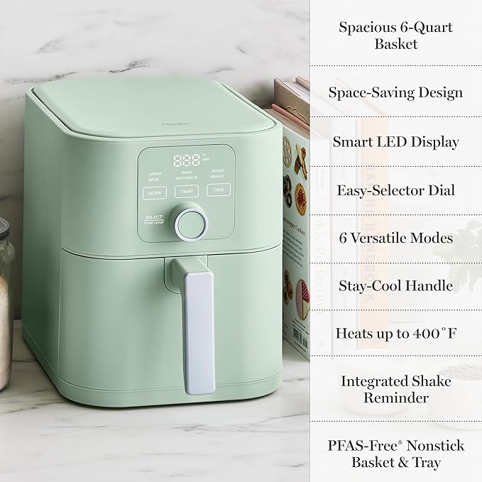 Martha Stewart 6QT Air Fryer, 6-in-1, Bake, Broil, Roast, Air Fry, Dehydrate, Reheat, Ceramic Non-Stick Basket, Crispy Results Fast, 400°F Max Temp, Shake Reminder, Auto Shut-Off, Honeydew Green