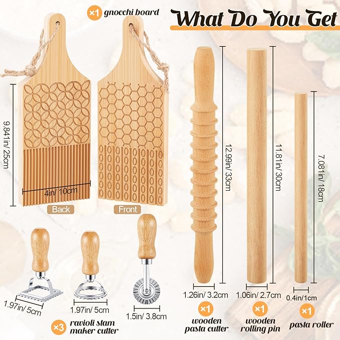 Tioncy 7 Pcs Pasta Making Tool Set, Wood Gnocchi Board with Ravioli Stamp Ravioli Maker and Rolling Pin Homemade Gnocco Maker, Kitchen Gift for Home Cooks and Baking Lovers(Pattern Gnocchi Board Set)
