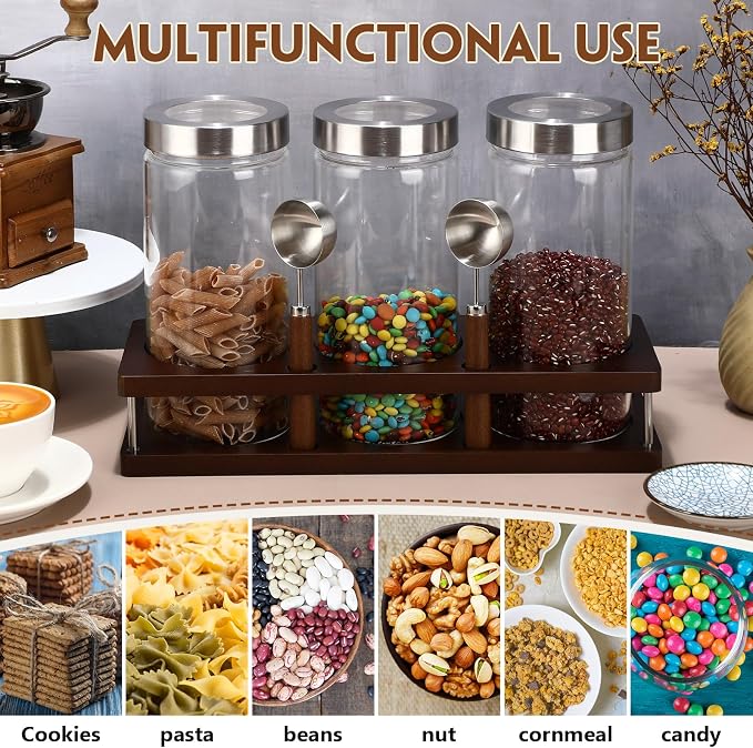 Suclain 3 Pcs 44 oz Glass Coffee Grounds Container with Shelf Glass Coffee Bean Storage Canisters with Airtight Lid and Measuring Spoon Food Storage Jars for Kitchen Sugar (Artsy Style)