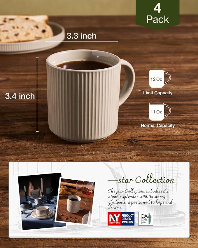 famiware Coffee Mug Set for 4, Star 12 oz Catering Mugs Cup Set with Handle for Coffee, Tea, Cocoa, Milk- Ceramic Stoneware Drinkware Set, Cinnamon Brown