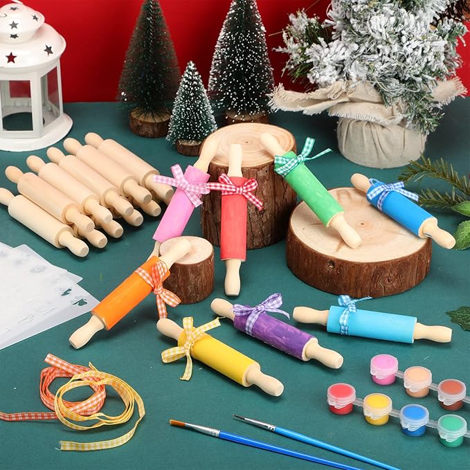 DoubleFill 30 Pack Mini Rolling Pin for Crafts, Small Wooden Dough Rollers with Plaid Ribbon Paint Brush Template Cards for New Year, Spring Party Presents, Tray Decorative, Kitchen Baking(5 Inches)