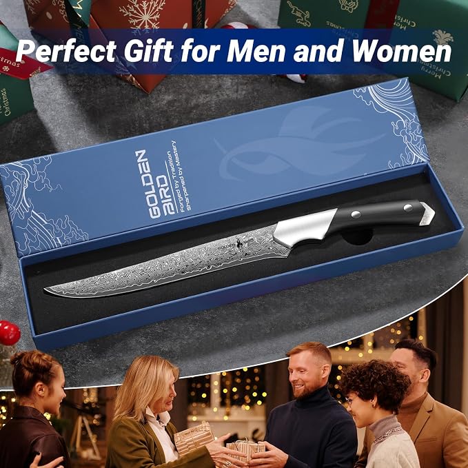 Golden Bird Butcher Breaking Knife for Meat Cutting, 8 Inch Damascus Boning Knife, VG10 Brisket Trimming Knives, Flexible Fillet Knives, Japanese Slicing Knives with Wood Handle,Gifts for Men