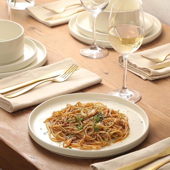 Gibson Elite Avant-Garde 12 Piece Stoneware Dinnerware Set for 4, Linen White Plates and Bowls Set with Reactive Glaze, Includes Dinner Plates, Salad Plates and Bowls