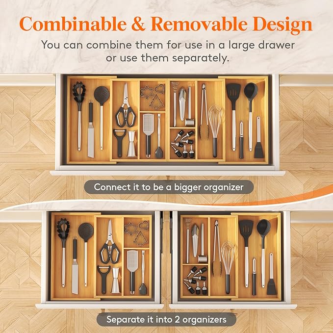 Lifewit Expandable Utensil Organizer for Kitchen Drawer, Adjustable Cooking Silverware Tray, Plastic Cutlery Flatware Holder, Spatula Tools Gadgets Storage Divider, 21- 36 x 16", Bamboo, Natural