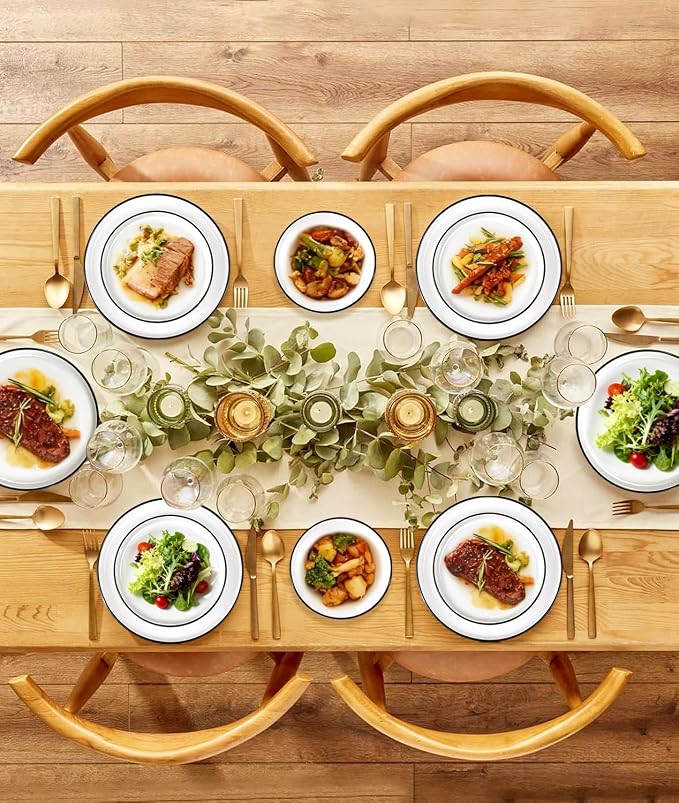 12 Pieces Ceramic Dinnerware set,Plates and Bowls Sets for 4,White Dinnerware Set for Kitchen, Modern Design Plate Sets with Black Rim, Microwave and Dishwasher Safe