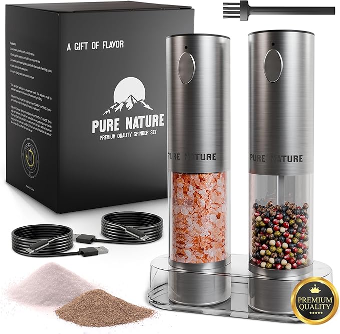 Pure Nature Electric Rechargeable Salt and Pepper Grinder Set with Tray – Stainless Steel Automatic Grinders, 5 Adjustable Coarseness Levels, LED Light, Refillable, Type-C Fast Charging