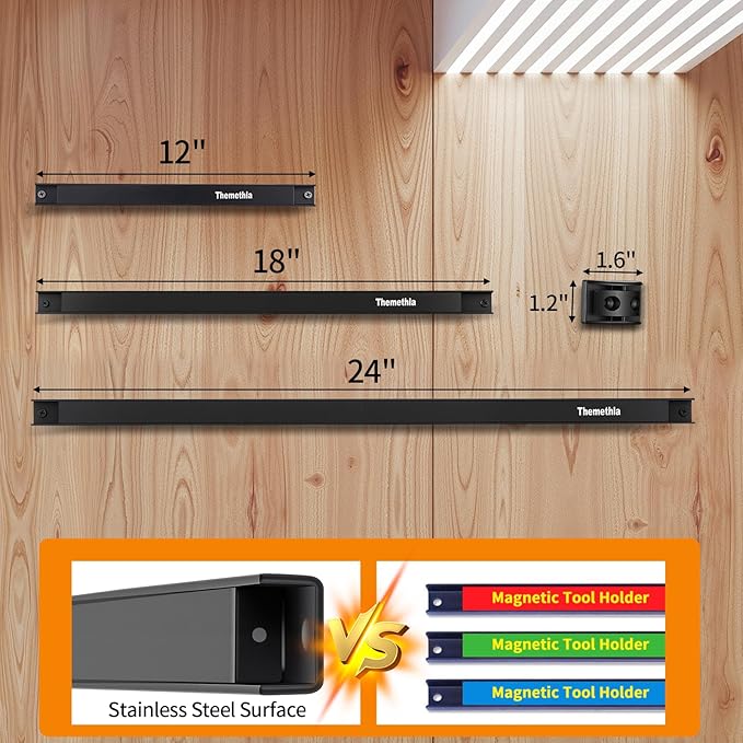 24" Magnetic Tool Holder Strip, 6 Pieces Black Metal Tool Organizer Rack with Stainless Steel Surface, Magnet Bar for Garage Workshop, Easy To Install with Mounting Screws
