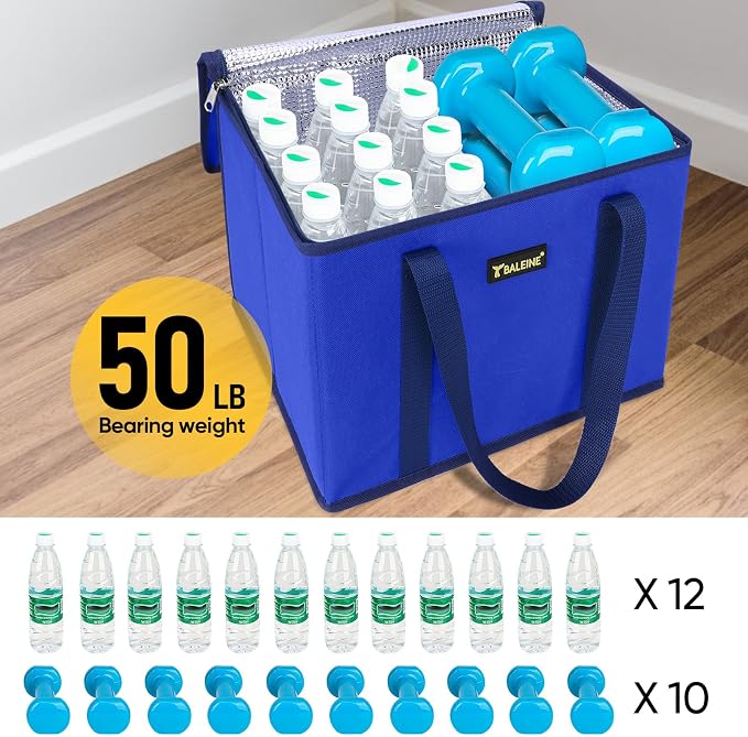 BALEINE 1Pk Insulated Reusable Grocery Bags, Foldable Shopping Bags for Groceries with Reinforced Bottom & Handles (Blue)