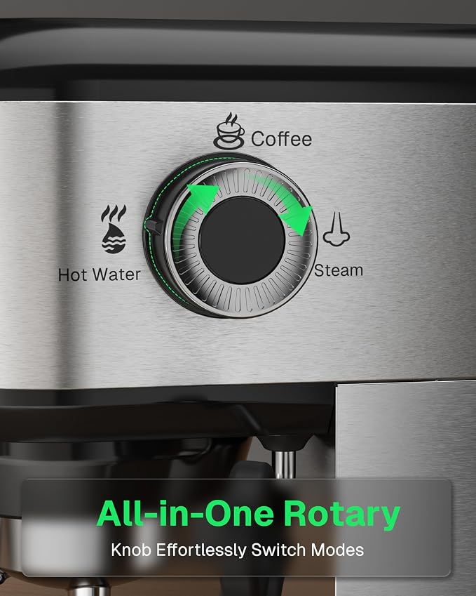 HBN 20 Bar Espresso Machine with Milk Frother, Compact Espresso Maker for Ground Coffee, Stainless Steel Coffee Machine with Steam Wand & 34oz Removable Water Tank, 1450W for Home & Office