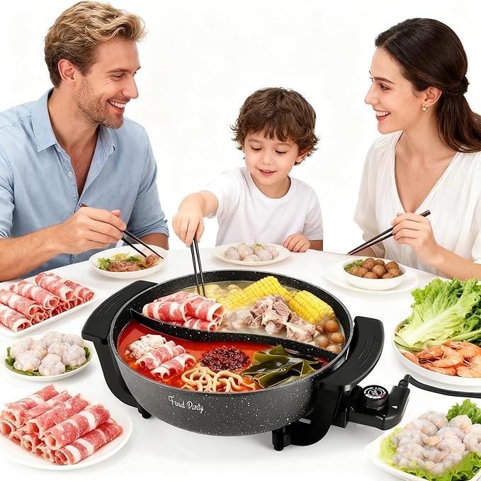 Food Party Electric Hot Pot 6L with Divider Hotpot Pot Electric Shabu Shabu Pot 110V 1200W PFOA FREE Non-Stick Chinese Hot Pot 5-Level Temperature Control
