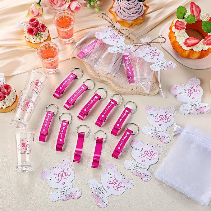 50 Sets Baby Shower Favor for Guests Acrylic Shot Glasses with Bottle Opener Keychains Thank You Tags and Bags Gender Reveal Party Favors for Guest Baby Shower Return Gift(Bear Girl)
