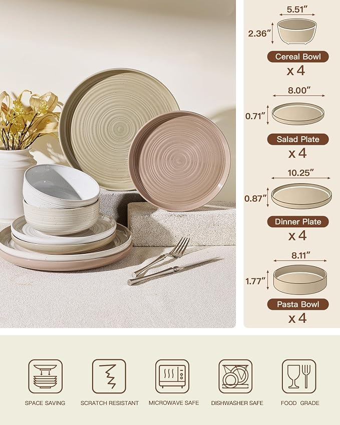 16-Piece Stoneware Dinnerware Sets for 4 with Pasta Bowls – Speckled Glaze with Spiral Design, Coupe Plates & Bowls - Chip & Scratch Resistant, Microwave & Dishwasher Safe, Multicolor