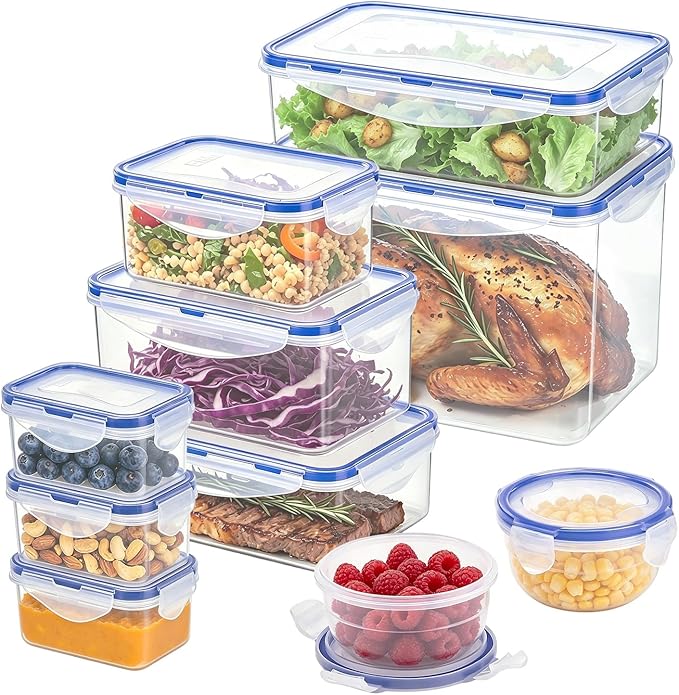 KIGI Food Storage Containers with Locking Lids,Airtight Leak-Proof BPA-Free Meal Prep, Stackable Fridge Freezer Organizer, Multi-Size Multi-Use Set, Rectangle Square Round, 20 Piece Set