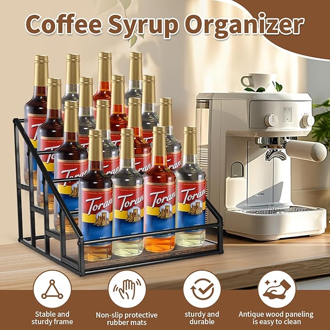 YQBRAO Coffee Syrup Rack Organizer,Liquor Bottle Display Shelf,Water cup display stand,Spice Rack Kitchen Cabinet Organizer,Rustic Brown,2 Packs 4 Tier 16 Bottle Coffee Syrup Holder