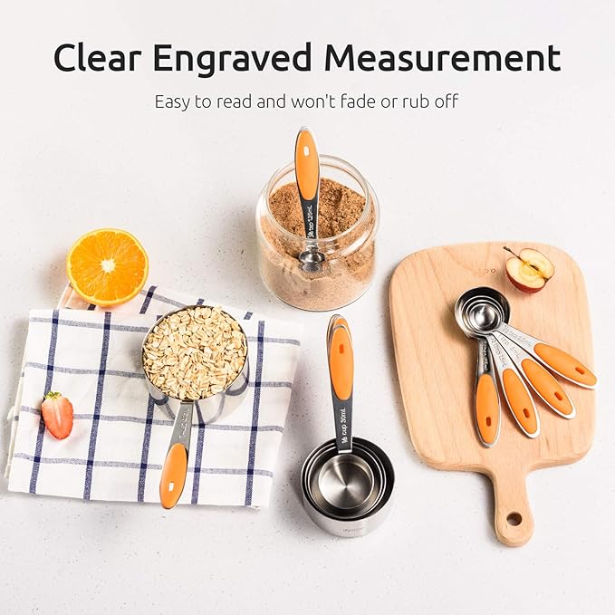 U-Taste 10 Piece Measuring Cups and Spoons Set in 18/8 Stainless Steel, and 600ºF Heat Resistant 13 inch Large Non-Stick Silicone Soup Ladle (Orange)