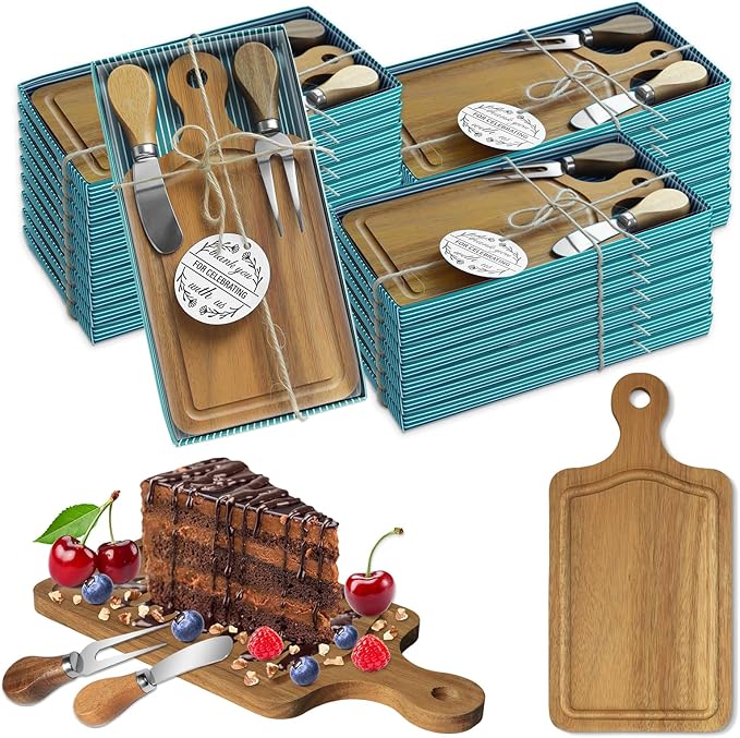 AZEAM 24 Sets Baby Bridal Shower Prizes for Game Winners, Acacia Mini Cheese Board Sets with Knives Forks and Present Box, Small Charcuterie Boards Bulk for Party Wedding Guests Present