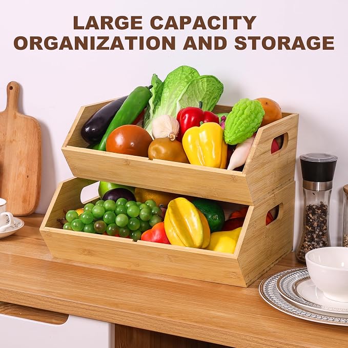 2 Set Bamboo Storage Bins, Pantry Organizers and Storage, Kitchen Countertop Organization and Storage Basket for Produce, Onions, Potatoes, Garlic, Fruits, Vegetable and Bread