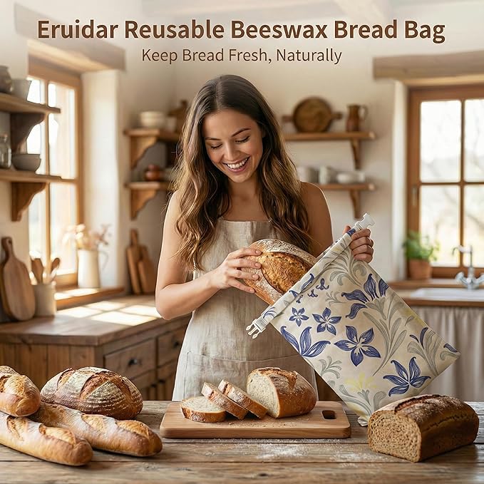 Beeswax Bread Bags for Sourdough & Homemade Bread (2 Pack), XL 13"x17" Large Reusable Cotton & Linen Bread Bag, Keep Loaves Fresh Longer, Natural & Easy to Clean (Classic Blue Floral)