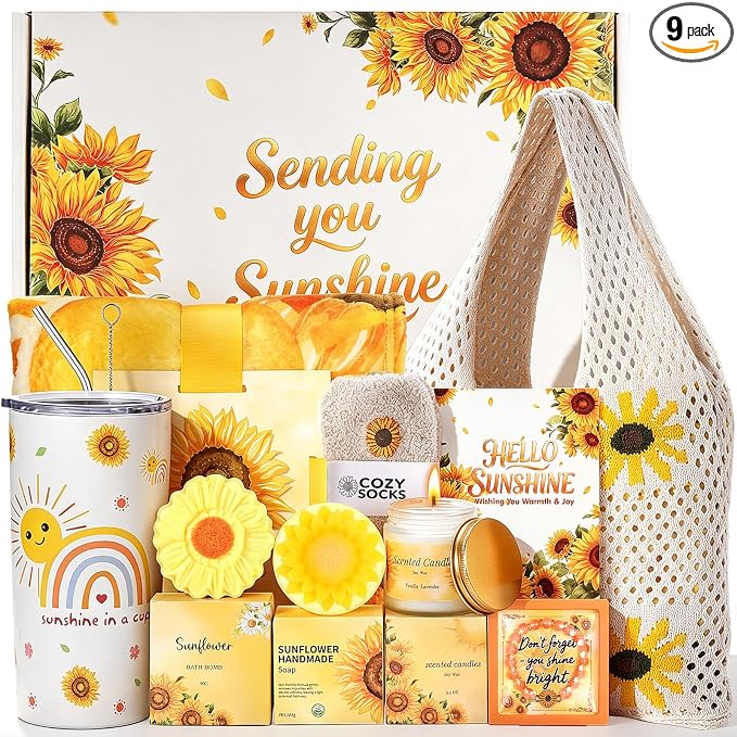 Sunflower Gifts Tote Bag Gift Set for Womens Self Care Gift - Birthday Gifts Box for Women Mom Wife Sister Daughter Friend Coworker, Sunflower Gifts Basket Sunshine Gift Box Care Package for Women Her