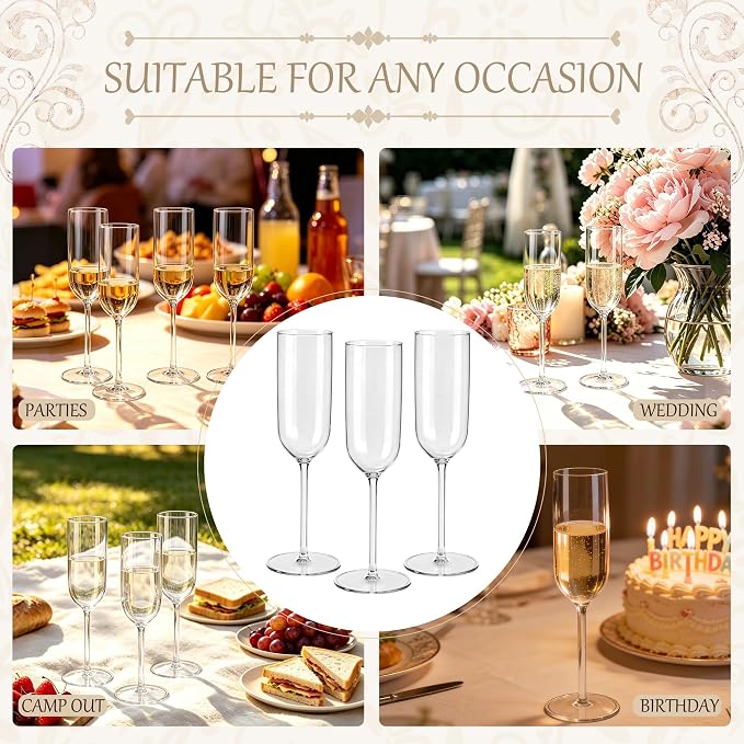 Plastic Champagne Flutes Set, 6oz Unbreakable Champagne Glasses Bulk, Shatterproof Reusable Mimosa Prosecco Sparkling Wine Cups for Wedding Party (Clear, 24pcs)