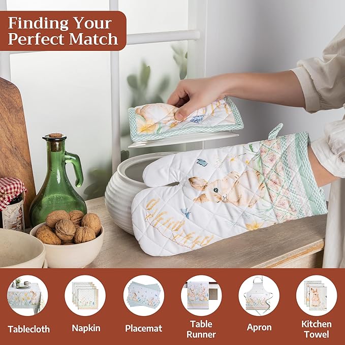 Maison d' Hermine 100% Cotton Oven Mitt & Pot Holder Set (7.5"x13" & 8"x8") Heat Resistant BBQ Cooking Gloves with Loop Baking Grilling Kitchen Gifts for Mothers Day Spring/Summer (Easter Dew)