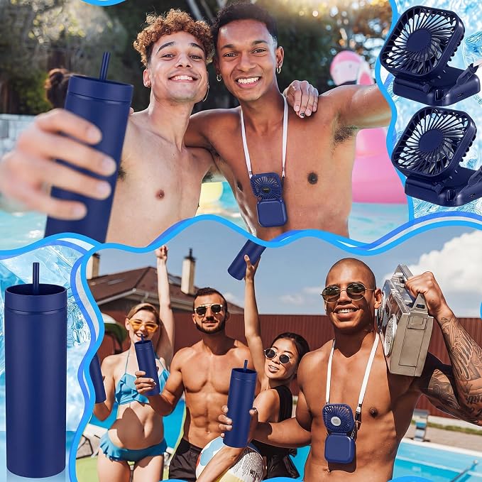 Reallnaive 6 Pcs Skinny Tumbler Bulk and Mini Portable Fans Set for Summer, 16 oz Plastic Cups with Lids Straws and Small USB Rechargeable Handheld Fan for Cooling Gift (Dark Blue)