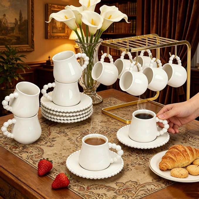 Coffee Cup Set of 6 with Saucers, 3.5 OZ Ceramic Espresso Cups, Demitasse Coffee Cup Gift for Double Shot, Latte, Cafe Mocha, Dishwasher & Microwave Safe, Elegant Deco (Pure White / 100 ml / 6 Sets)