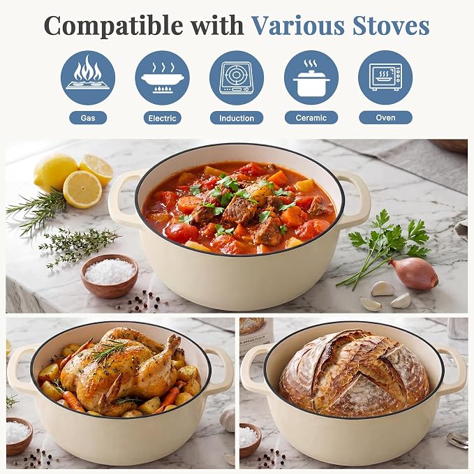 DUMOS Cast Iron Dutch Oven, 6 Quart Pot with Lid, Enameled Heavy Duty Cookware, Oven Safe to 500°F, Perfect for Bread Baking, Stews and Roasting, Moisture Sealing Lid with Dual Handles, Beige