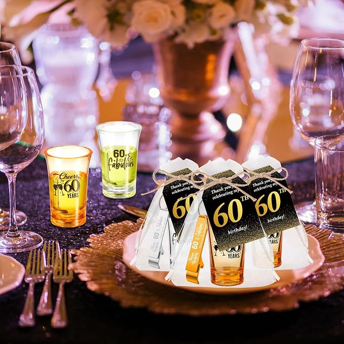 Domensi 50 Sets 60th Birthday Party for Guests Bulk Include Cheers to 60 Short Glasses Beer Bottle Opener Keychains Thank You Cards with Gift Bags and Ropes for Birthday Party Gifts