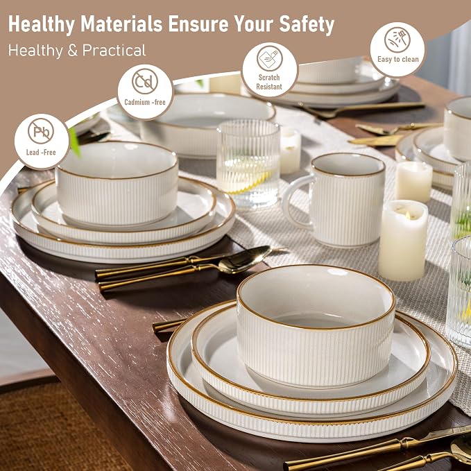 GBHOME 18-Piece Stoneware Dinnerware Set for 6 – Ribbed Ceramic Plates and Bowls, Scratch-Resistant, Microwave & Dishwasher Safe, Reactive Glaze, White with Honey-Brown Edge