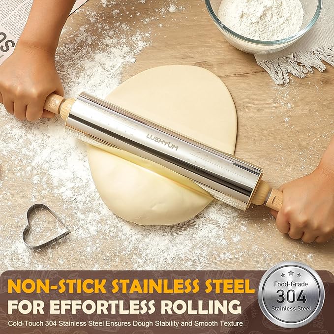 LUSHYUM Adjustable Rolling Pin with Thickness Rings 304 Stainless Steel Dough Roller with Dual-Purpose Stand Detachable Handles for Pizza Cookies Fondant Non Stick Metal Kitchen Tool Gift for Bakers