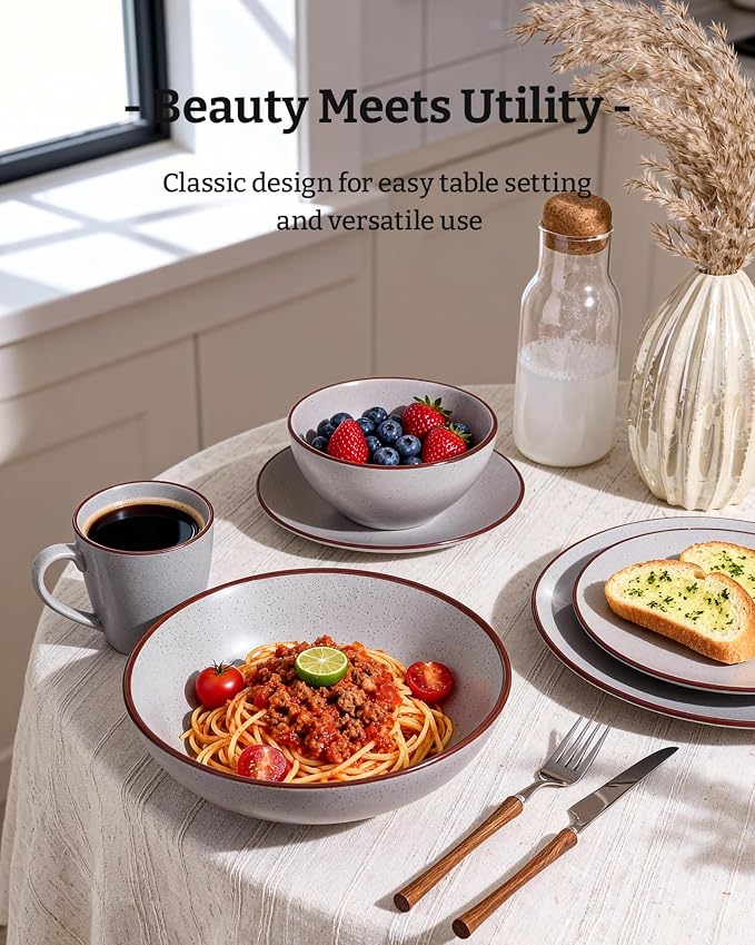 Famiware Venus 24-Piece Stoneware Dinnerware Sets with Mugs, Plates, Bowls, Service for 6, Matte Light Gray - Modern Ceramic Chip‑Resistant Dishes for Everyday & Formal, Microwave & Dishwasher Safe