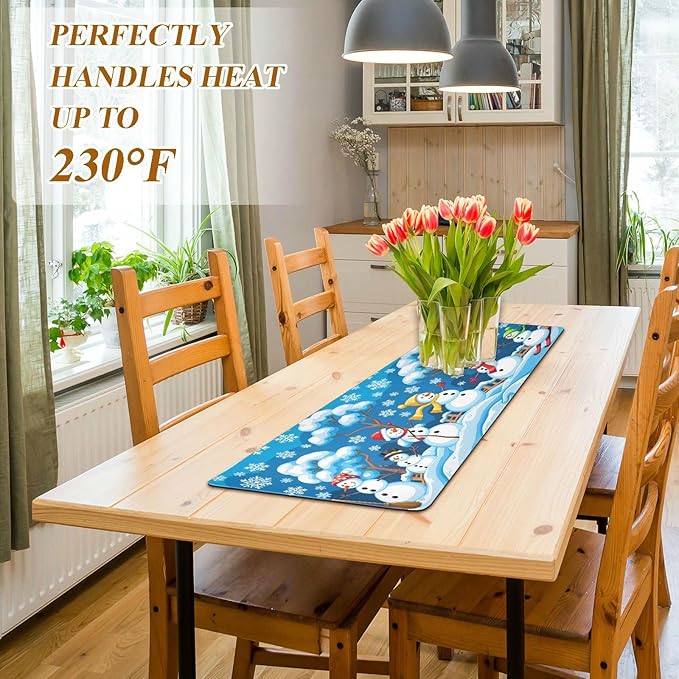 Christmas Winter Blue Snowman Snowflakes Trivet Table Runner 40 Inches Long Trivet for Hot Pots and Pans/Hot Dishes,Table Protector Heat Up to 230F, Decorative Hot Plates Mat for Kitchen Countertop