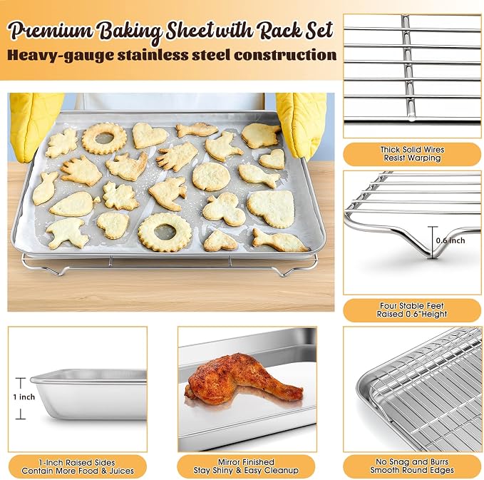 E-far Cookie Sheet with Rack Set, Half Sheet Baking Pan for Oven Cooking, 18”x13” Stainless Steel Rimmed Tray with Wire Cooling Rack for Roasting Broiling Bacon Meat Steak - Dishwasher Safe