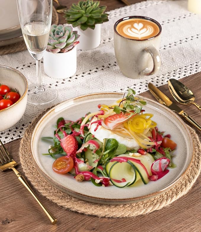 GBHOME Dinnerware Sets for 4, 12 Pieces Stoneware Plates and Bowls Sets, Scratch Resistant Ceramic Dishes, Dishwasher & Microwave Safe, Reactive Glaze-Almond Cream