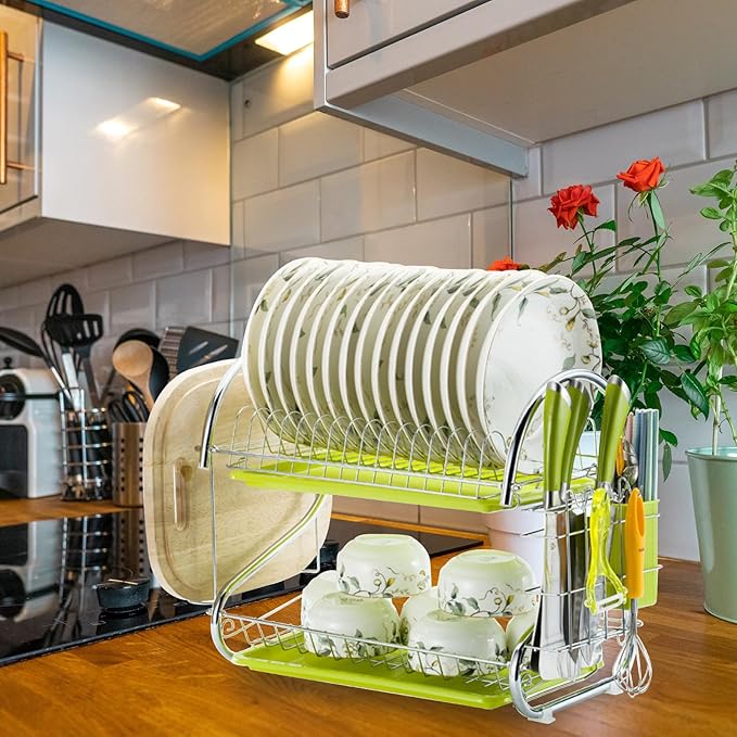 Double-Layer Dish Rack with Bowl Container, Iron Kitchen Utensils Holder, Multifunctional Draining Rack Over Sink Drying and Kitchen Storage, Green