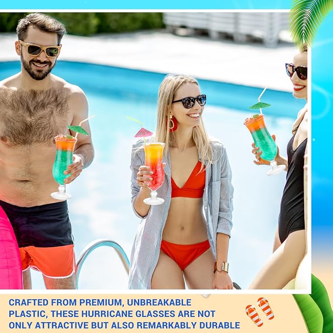 Baderke 12 Pcs Plastic Hurricane Glasses 13.5oz Break Resistant Reusable Plastic Pina Colada Cocktail Glasses Wine Margarita Tropical Beer Juice Beach Party with 30 Pcs Cocktail Straws