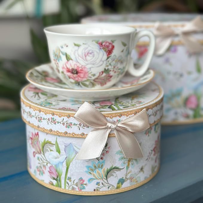 STP GOODS Bone China Tea/Coffee Cup and Saucer in Gift Box Fine Bone Tea Cup and Saucer Set of One,(Dream Garden)