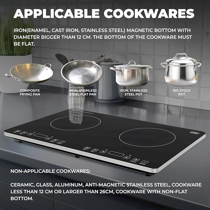 OMEO Portable Double Induction Cooktop 2 Burner Electric Cooktop, Touch Control 110V Induction Cooker with Safety Lock, Pause, Auto Shutoff Timer Setting, 9 Heating Level and Overheating Protection