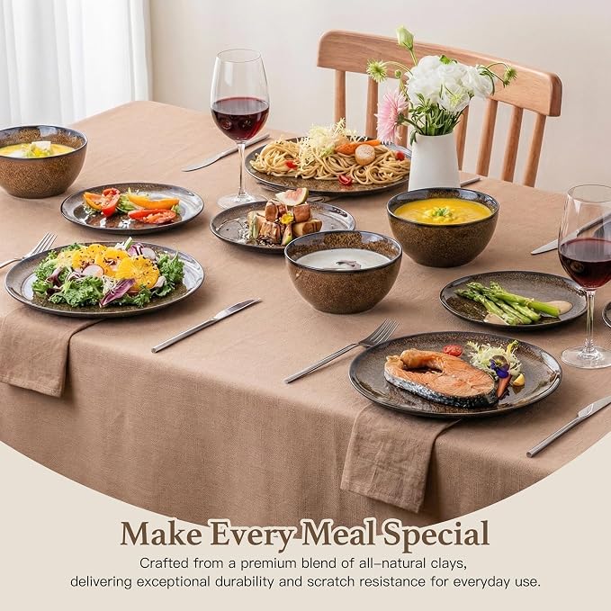 Dafuceramic Plates and Bowls Sets, 12 Pieces Dark Blue Dinnerware Sets for Kitchen, Reactive Glaze Dishes Set for 4, Dishwasher and Microwave Safe, Series Starflecked Shore(Brown)