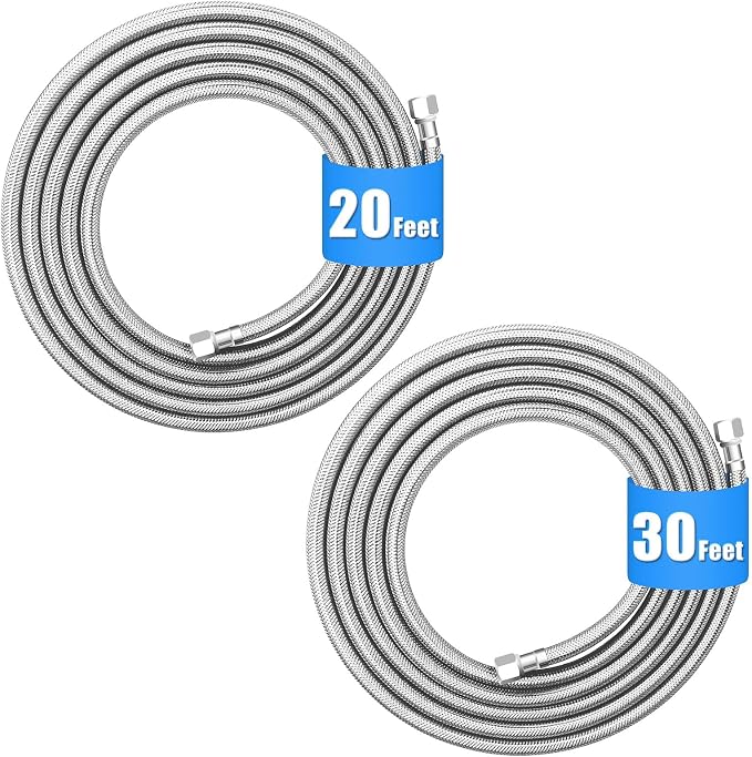 Refrigerator water line (2Pcs) - 20 FT + 30 FT Premium Stainless Steel Braided Ice Maker Water Hose,Food grade PEX Inner Tube Fridge Water Line with 1/4" Fittings for Refrigerator Ice Maker