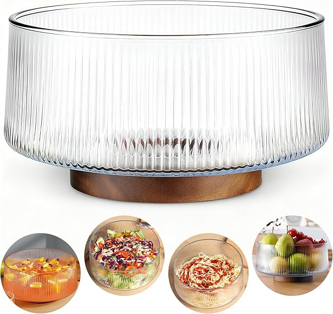 NiHome Extra Large Glass Salad Bowl with Natural Acacia Wood Base, Ribbed Design Oversized Capacity for Family Dinners, Parties, Multipurpose for Serving Salads, Fruits, Wine(Separate-Piece Design)