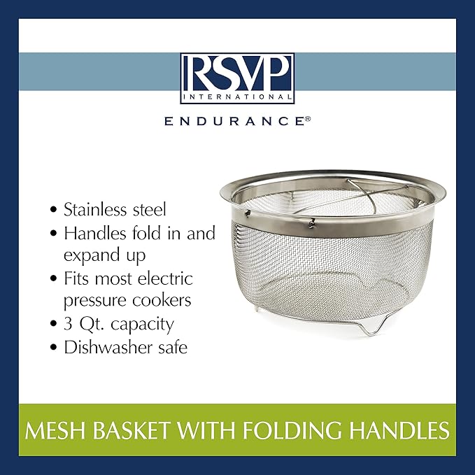 RSVP International Mesh Colander Strainer Basket with Folding Handles, 3 Quarts | For Pasta, Frying, & Salads | Dishwasher Safe | Use in Pressure Cookers | Steaming, Draining & Rinsing (Pack of 4)